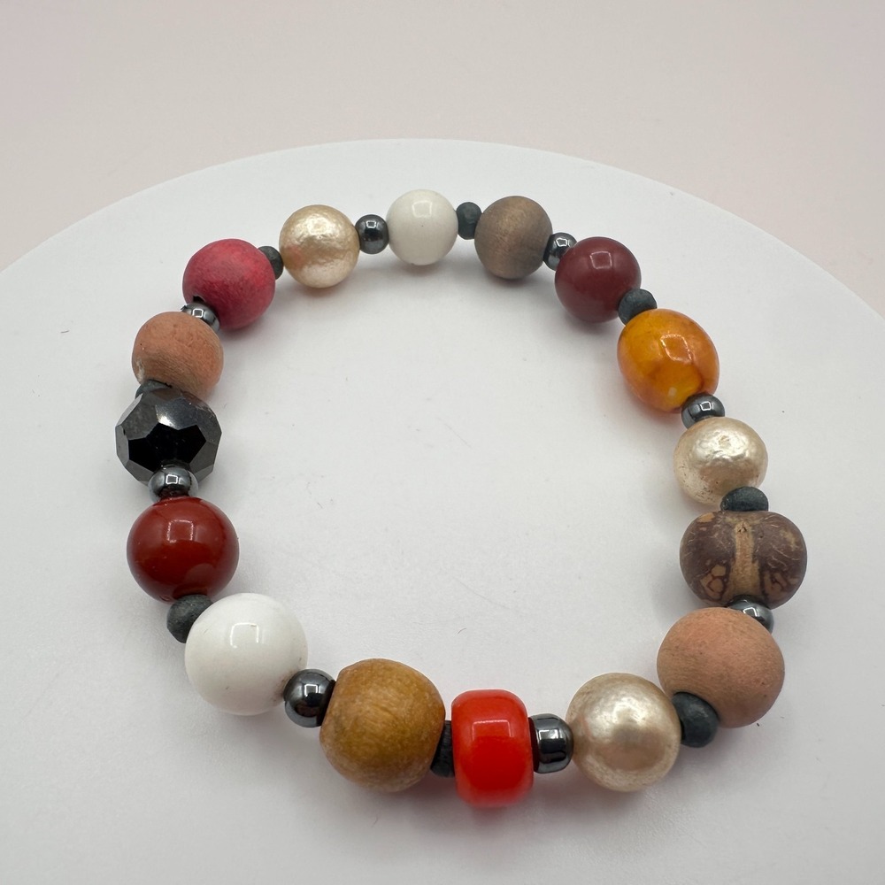 Vintage 90s Earth Tone Bead Stretch Bracelet Boho Classic Fashion Jewelry Boho